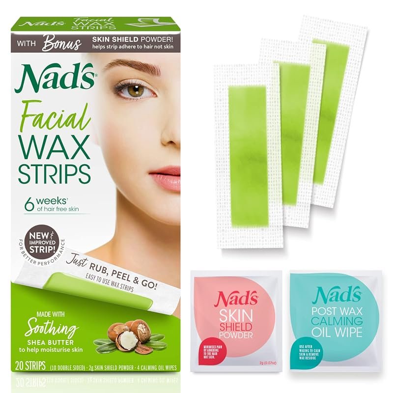 Nad's Hypoallergenic Facial Wax Strips – 20 Strips, 4 Calming Oil Wipe