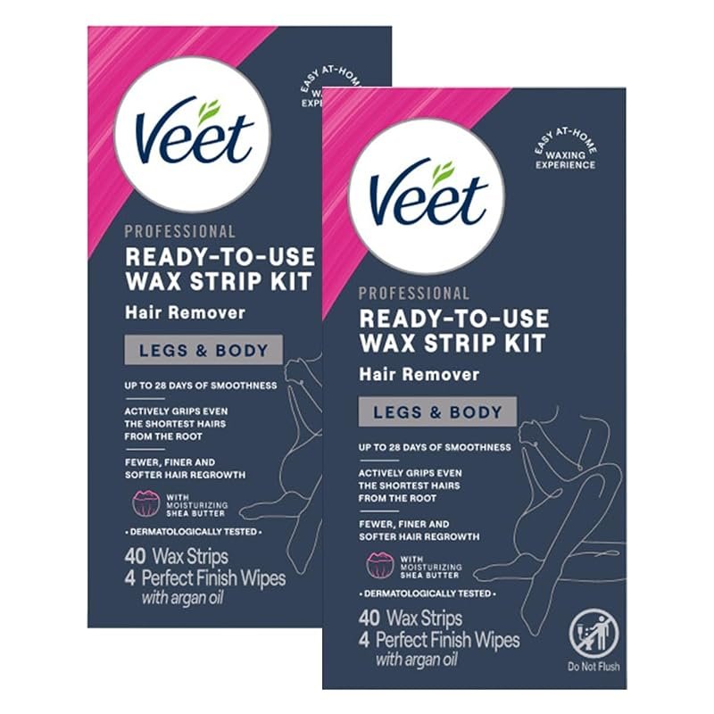 VEET Ready‑To‑Use Waxing Kit – 40 Body Strips and 4 Wipes for Fast, Sm