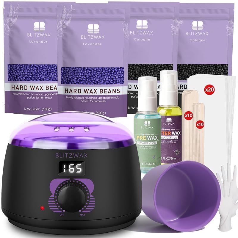 BLITZWAX Women's Waxing Kit with Hard Wax Warmer, Complete Brazilian, 