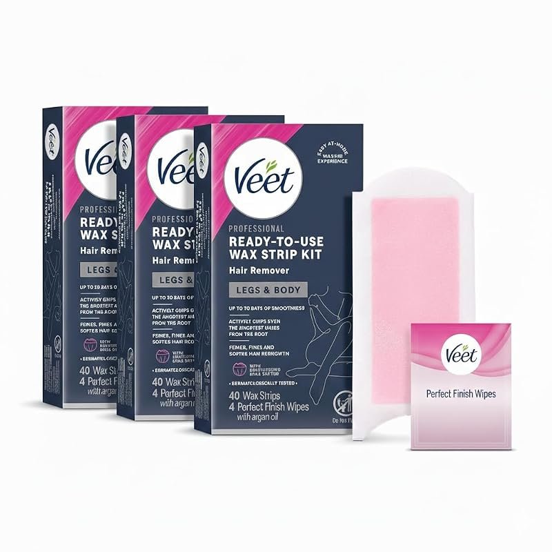 VEET Waxing Kit – 40 Strips and 4 Body Wipes, 3‑Pack for legs and body