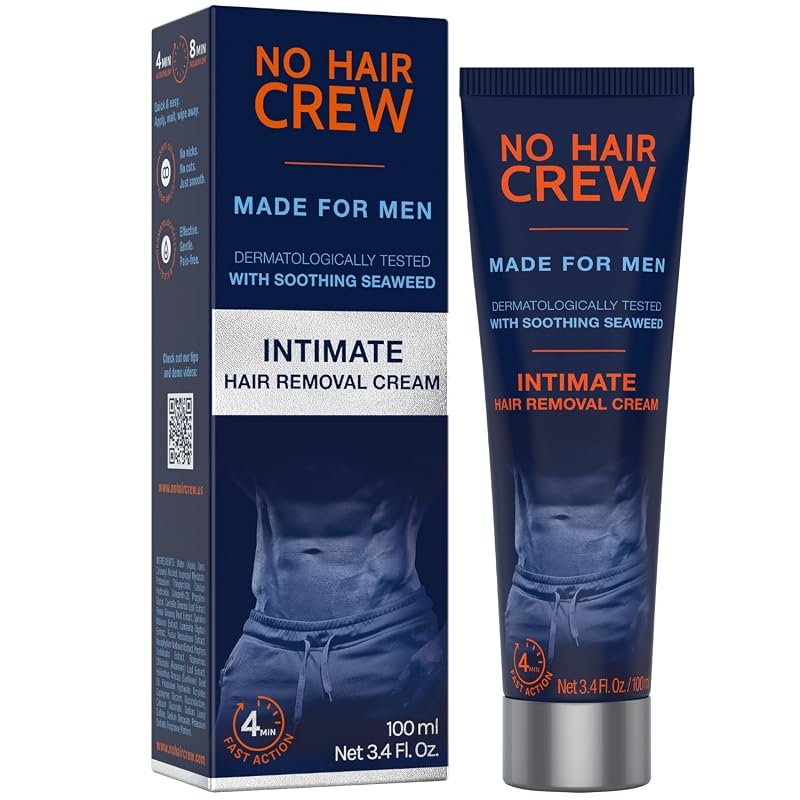 No Hair Crew Intimate Hair Removal Cream for Men, Painless, Soothing,