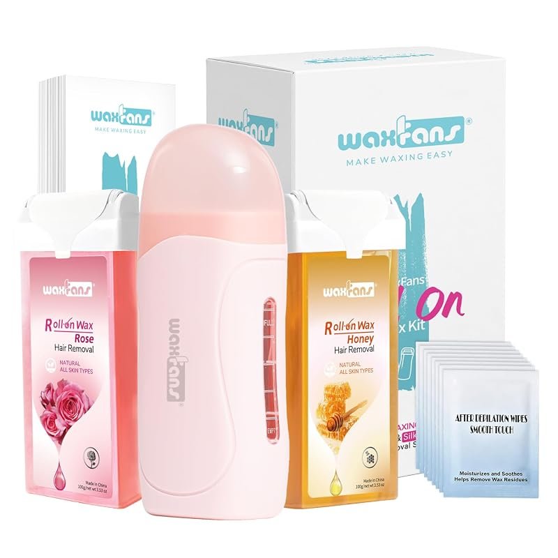 Waxfans Roll On Wax Kit – Pink Wax Roller, Cartridges & 50 Strips for