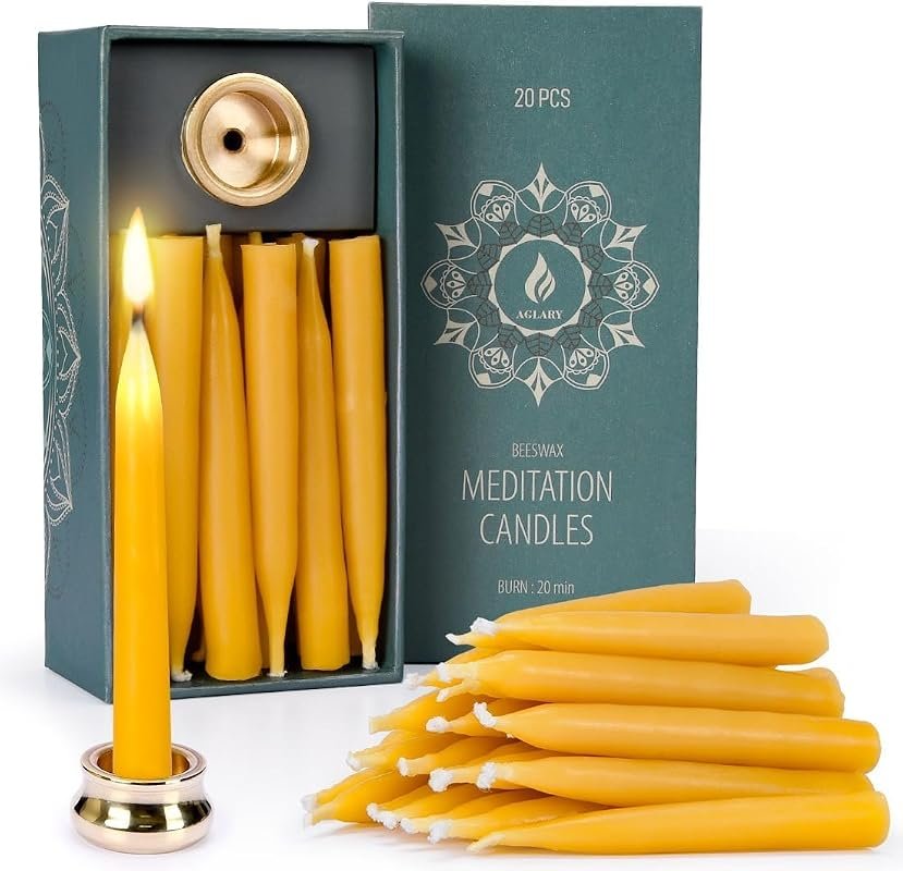 20‑Minute Beeswax Meditation Candles – Set of 20 with Elegant Brass Ho