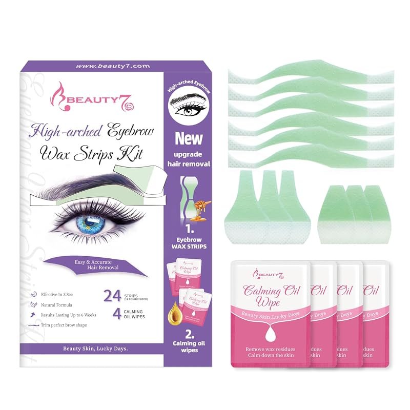 Beauty7 Eyebrow Wax Strips – 24 strips + 4 oil wipes for hair removal,