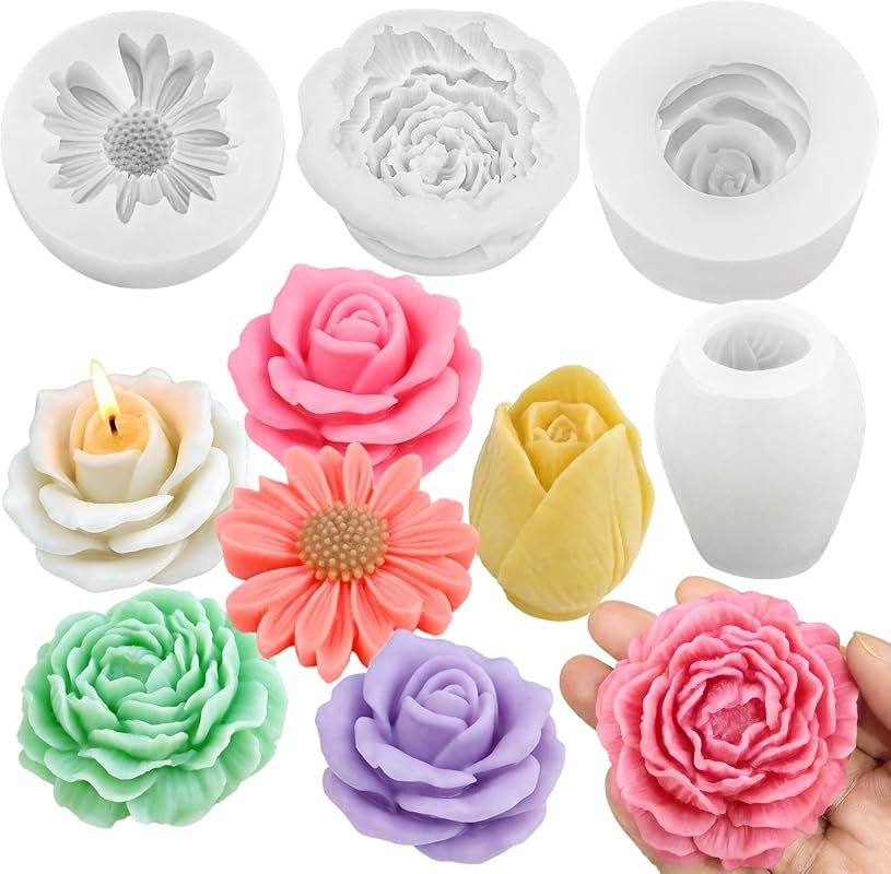 Flower Candle Molds Set – 3D Rose, Daisy, Peony, and Tulip Silicone Mo