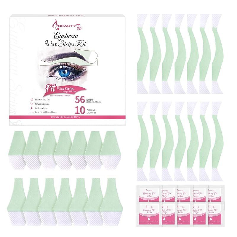 Beauty7 Eyebrow Wax Strips – 56 strips + 10 calming oil wipes for skin