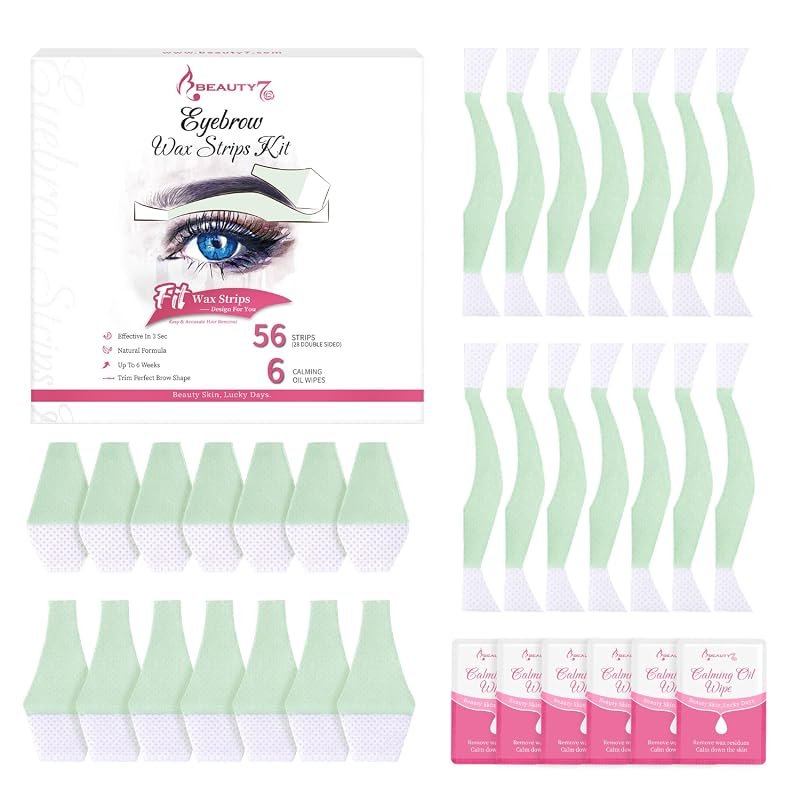 Beauty7 Eyebrow Wax Strips – 56‑Strip Home Kit with 6 Calming Oil Wipe