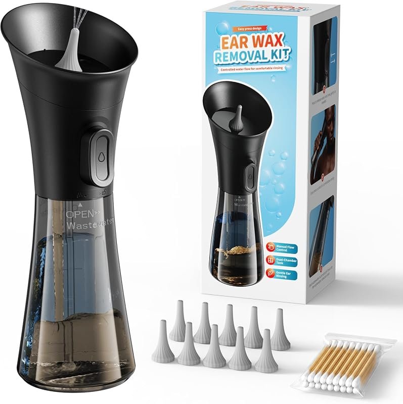 Manual ear wax removal kit with controlled flow valve, silicone tip, a