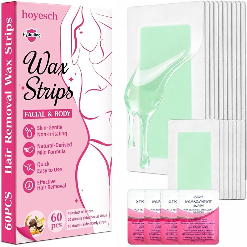 60‑Piece Wax Strip Kit for Women – 40 Facial and 20 Body Strips for Fa