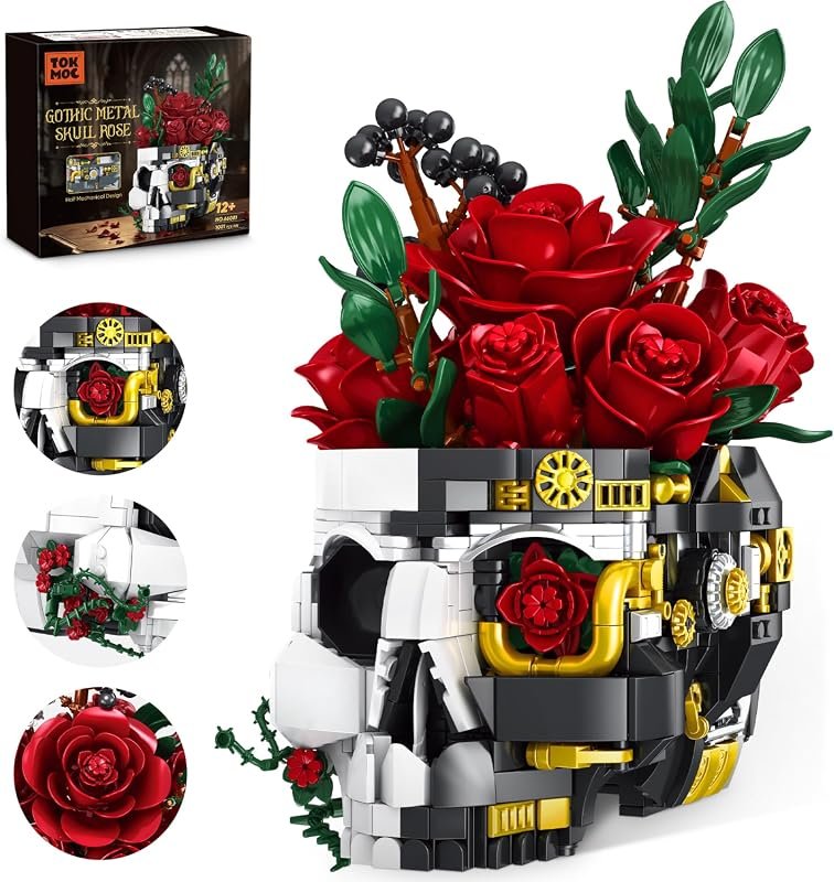 Gothic Mechanical Skull & Rose building set, 1021-piece romance model