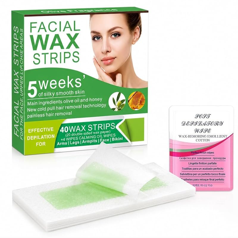 Facial Wax Strips – 98% Natural Cold Wax, Hypoallergenic, 40 Strips + 